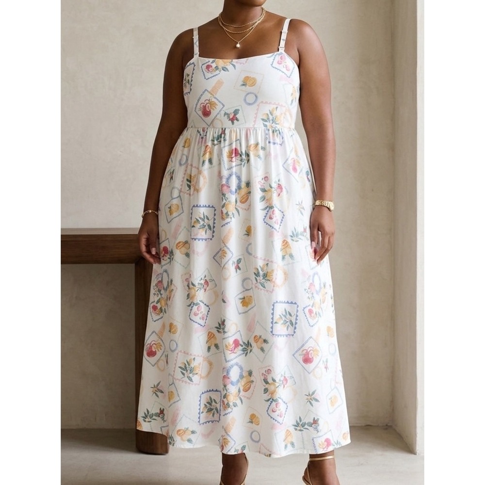 Arula Rylina Midi Dress Womens 3X White Fruit Stamp Smocked NWT Cottagecore Boho
